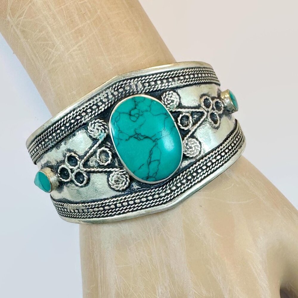 Vintage Afghan Cuff: Middle Eastern Green Jasper Silver Ethnic Tribal Boho